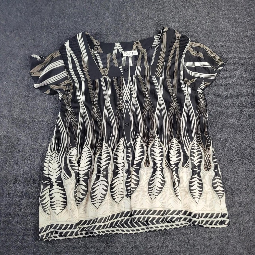 Cato Woman Black White Abstract Leaf Pattern Pleated Button Up Blouse 22/24W